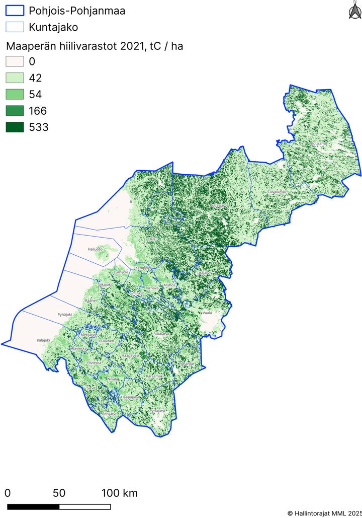 Pohjois-Pohjanmaan maaperän hiilivarastot vuonna 2021.