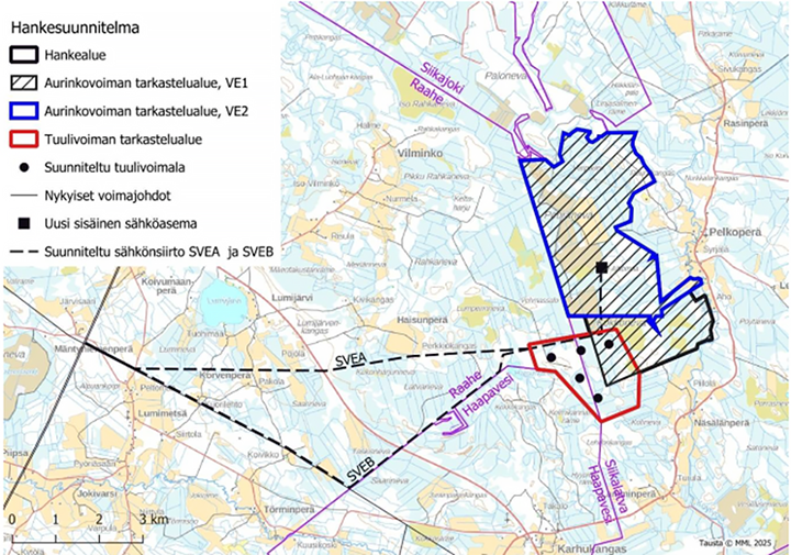 Peuranevan aurinko- ja tuulivoimahankkeen sijainti kartalla.