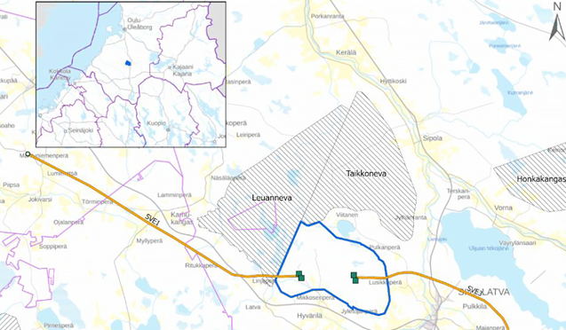 Kivinevan tuulivoimahankkeen suunnittelualue kartalla.