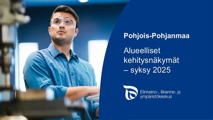 ELY-keskuksen somekuvassa teollisuustyötä tekevä mies, teksti Pohjois-Pohjanmaa alueelliset kehitysnäkymät syksy 2025 ja logo.