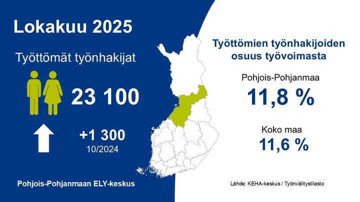 Työttömiä työnhakijoita 23 100, joka on 1 300 enemmän kuin vuosi sitten. Työllisyysaste 11,8, koko maassa 11,6.