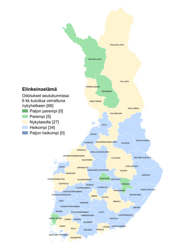 Suomena kartta, jossa värein kuvattu elinkeinoelämän odotuksia seutukunnissa