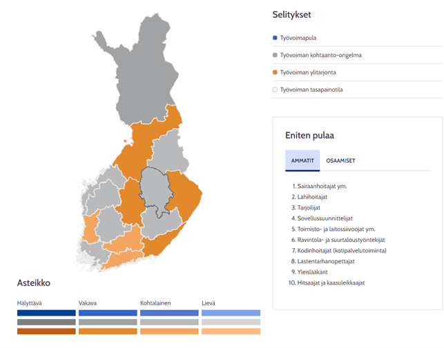 Suomen kartta, jossa on kuvattu osaamistarpeet