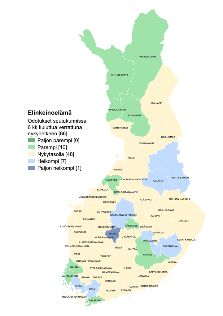 Kartta Suomesta, jossa näkyy elinkeinoelämän odotukset seutukunnittain verrattuna nykyhetkeen puolen vuoden päästä.