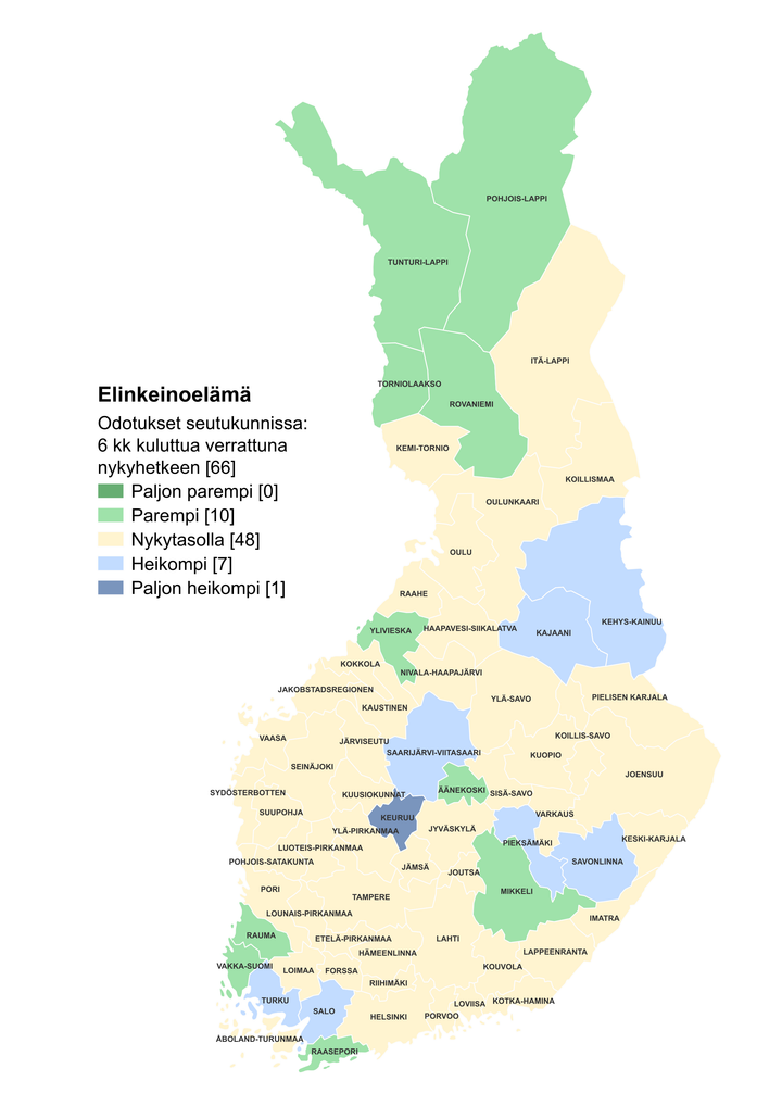 Kartta Suomesta, jossa näkyy elinkeinoelämän odotukset seutukunnittain verrattuna nykyhetkeen puolen vuoden päästä.