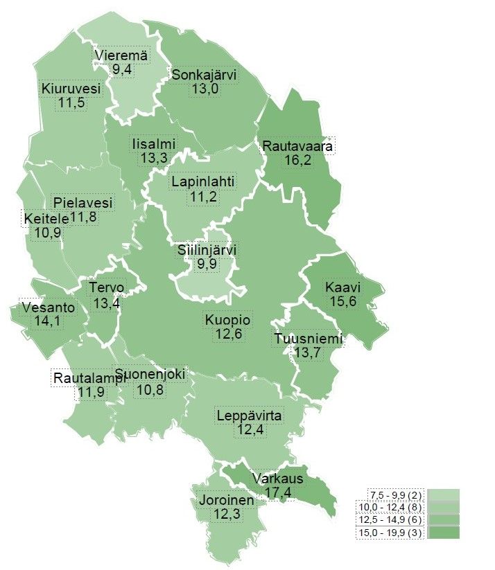 Työttömien työnhakijoiden osuus työvoimasta kunnittain Pohjois-Savossa helmikuussa 2025.
