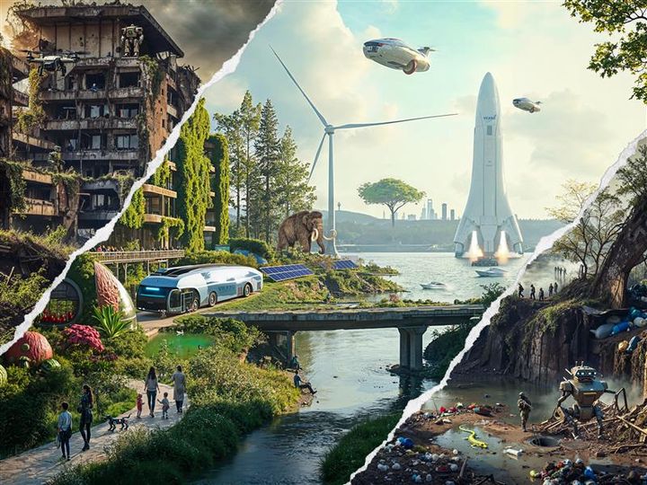 Futuristisessa tulevaisuuskuvassa utopiaa ja dystopiaa.