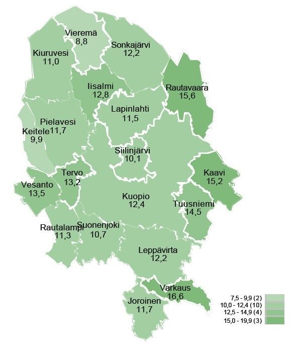 Työttömien määrä kunnittain Pohjois-Savossa maaliskuussa 2025.