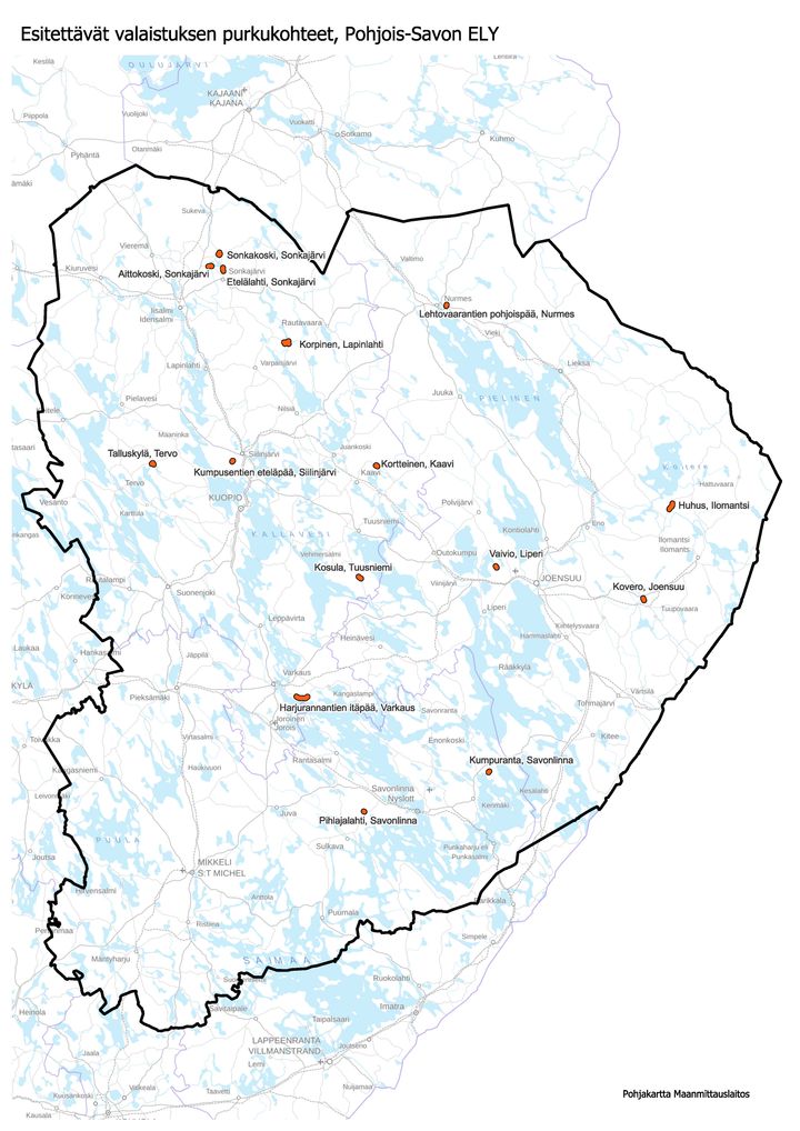 Esitettävät valaistuksen purkukohteet Itä-Suomessa kartalla.