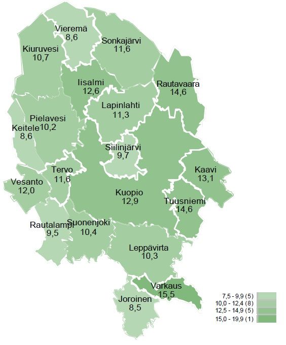 Työttömien työnhakijoiden osuus työvoimasta kunnittain Pohjois-Savossa kesäkuussa 2025.