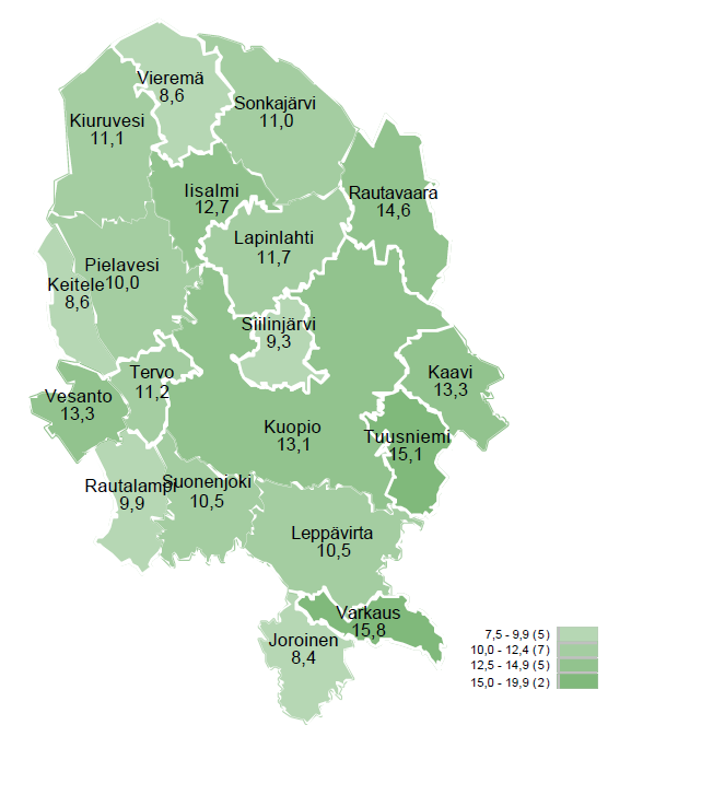 Työttömien työnhakijoiden osuus työvoimasta kunnittain Pohjois-Savossa heinäkuussa 2025.