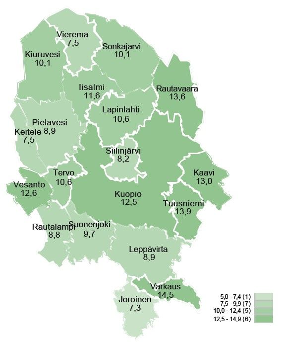 Työttömien työnhakijoiden määrä kunnittain Pohjois-Savossa.