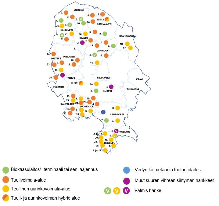 Pohjois-Savon julkiset puhtaan ja vihreän siirtymän hankkeet.