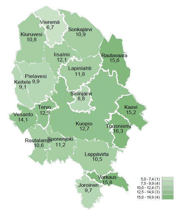 Työttömät työnhakijat kunnittain Pohjois-Savossa marraskuussa 2025.