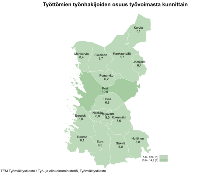 Työttömien työnhakijoiden osuus (%) työvoimasta kunnittain elokuun 2023 lopussa: Eura 6,0; Eurajoki 5,8; Harjavalta 9,0; Huittinen 5,8; Jämijärvi 6,4; Kankaanpää 8,7; Karvia 7,1; Kokemäki 7,6; Merikarvia 8,4; Nakkila 6,8; Pomarkku 6,2; Pori 10,9; Rauma 8,1; Siikainen 8,7; Säkylä 5,0; Ulvila 6,8. Lähde: TEM Työnvälitystilasto / Työ- ja elinkeinoministeriö, Työnvälitystilasto