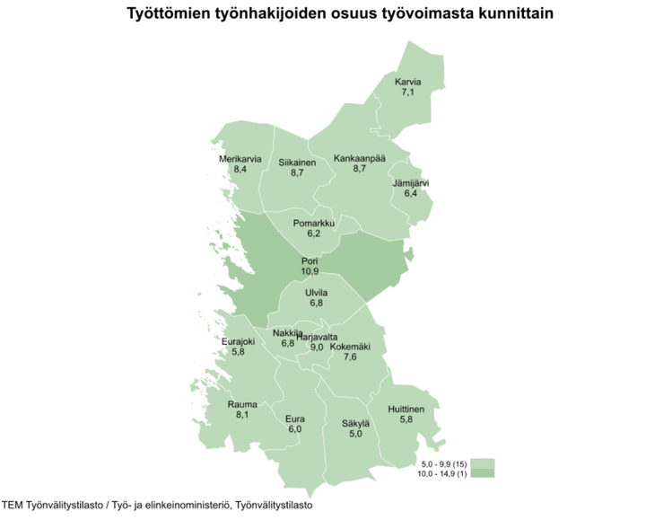 Työttömien työnhakijoiden osuus (%) työvoimasta kunnittain elokuun 2023 lopussa: Eura	6,0; Eurajoki 5,8; Harjavalta 9,0; Huittinen 5,8; Jämijärvi 6,4; Kankaanpää 8,7; Karvia 7,1; Kokemäki 7,6; Merikarvia 8,4; Nakkila 6,8; Pomarkku 6,2; Pori 10,9; Rauma 8,1; Siikainen 8,7; Säkylä 5,0; Ulvila 6,8. Lähde: TEM Työnvälitystilasto / Työ- ja elinkeinoministeriö, Työnvälitystilasto