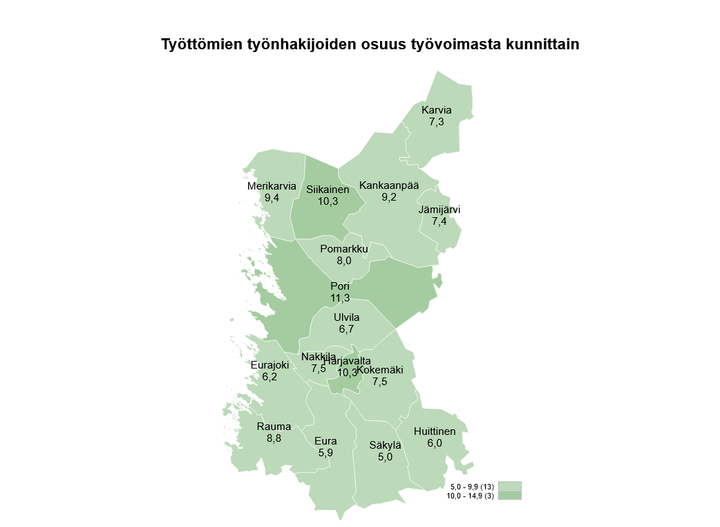 Työttömien työnhakijoiden prosenttiosuus työvoimasta kunnittain lokakuun lopussa 2023. Eura 5,9 Eurajoki 6,2 Harjavalta 10,3 Huittinen 6,0 Jämijärvi 7,4 Kankaanpää 9,2 Karvia 7,3 Kokemäki 7,5 Merikarvia 9,4 Nakkila 7,5 Pomarkku 8,0 Pori 11,3 Rauma 8,8 Siikainen 10,3 Säkylä 5,0 Ulvila 6,7.