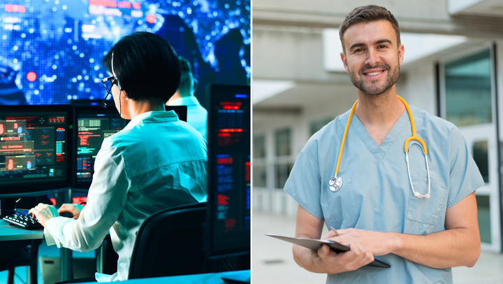 Vasemmalla nainen selkäpäin tietokoneen äärellä tekemässä tietokoneella työtä. Oikealla mies terveydenhuollon työvarusteissa.