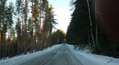 Kuva metsätiestä, jolla on jäätä ja sohjoa.