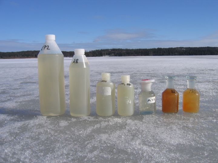 Kuvassa näytepullot jäällä.