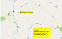 Karta som visar en avstängd bro och en markerad omväg via Leppäkorventie, Koivusalontie och Somerontie.
