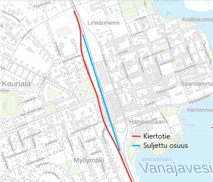 Kartta, jossa on merkitty suljettu osuus sinisellä ja kiertotie punaisella viivalla Eureninkadun alueella.