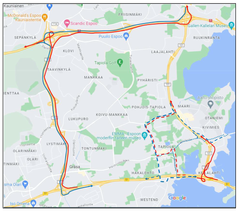 Kartta, jossa esitetään Keilaniemen tunnelin varareitti. Reitti on merkitty kartalle E18-moottoritien yhteydessä.