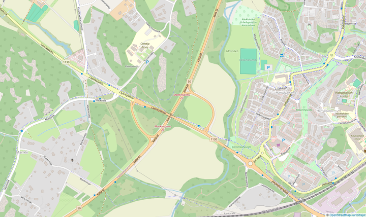 Karta över ett område med vägar, byggnader och grönområden.