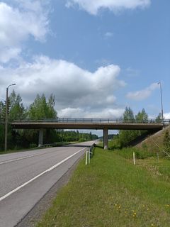 Näkymä Pauniolan risteyssillasta, jonka alla kulkee maantie. Siltaa ympäröi vehreä maisema ja taustalla on pilvinen taivas.