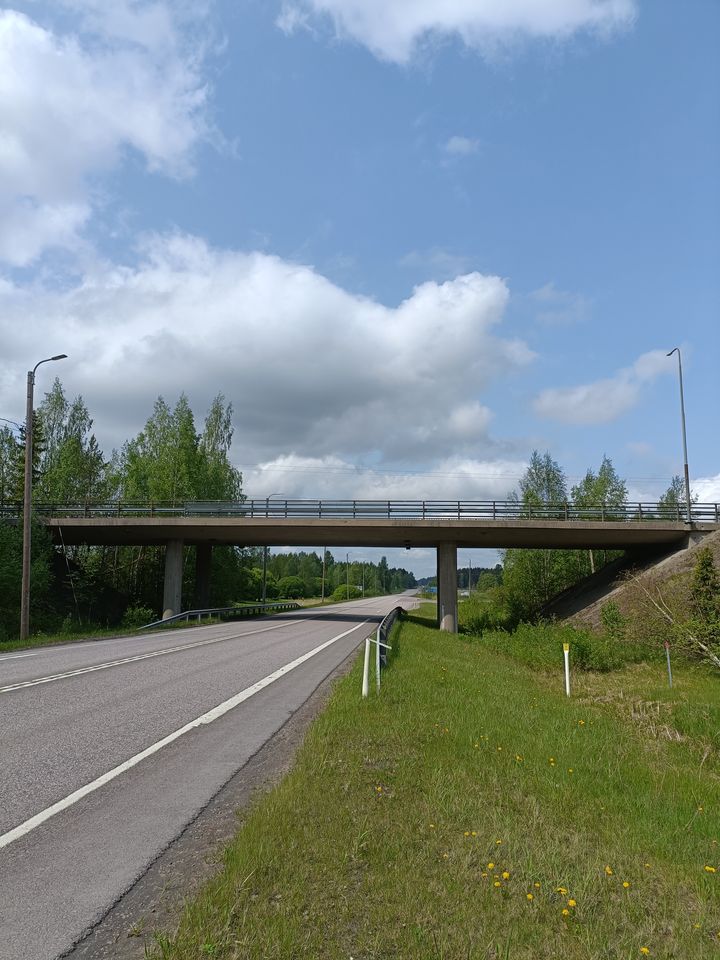 Näkymä Pauniolan risteyssillasta, jonka alla kulkee maantie. Siltaa ympäröi vehreä maisema ja taustalla on pilvinen taivas.