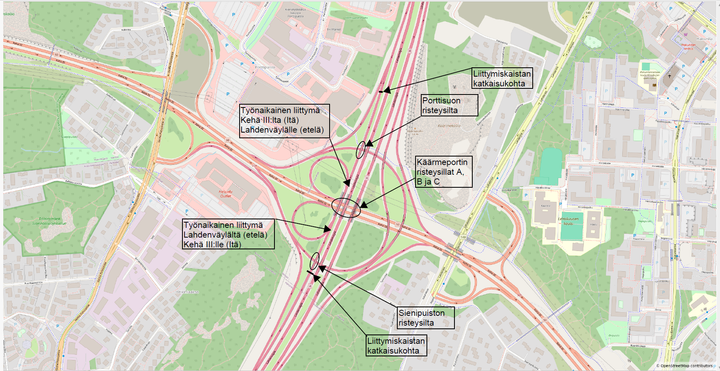 Kehä III:n ja Lahdenväylän liittymän viisi siltaa.