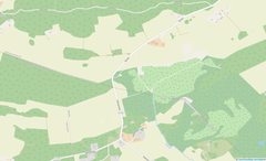 Karttakuva maaseutualueesta, jossa on teitä, peltoja ja metsää.