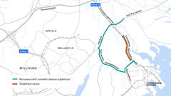 Kartta, joka näyttää tunnelin varareitin sulun aikana Helsingin alueella. Korvaava reitti merkitty vihreällä ja suljettava osuus oranssilla.