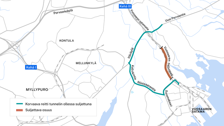 Kartta, joka näyttää tunnelin varareitin sulun aikana Helsingin alueella. Korvaava reitti merkitty vihreällä ja suljettava osuus oranssilla.