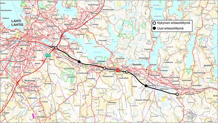 Karta som visar planerat område med markerade vägar och städer.