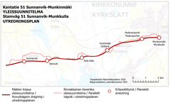 Kartta esittää Kantatie 51:n yleissuunnitelman Sunnavikista Munkkimäkeen. Mukana on reittiviiva ja pääteiden nimet.