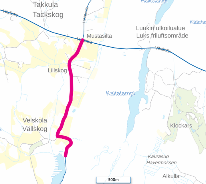 Kartta, jossa Velskolantie on merkitty suljetuksi Vihdintien risteyksestä Velskolan Pitkäjärven pohjoispäätyyn saakka.