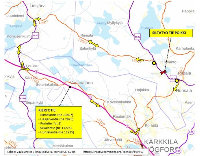Kartta, jossa näkyy työnaikainen kiertotie ja suljettu tieosuus. Kiertotie on merkitty keltaisilla nuolilla.