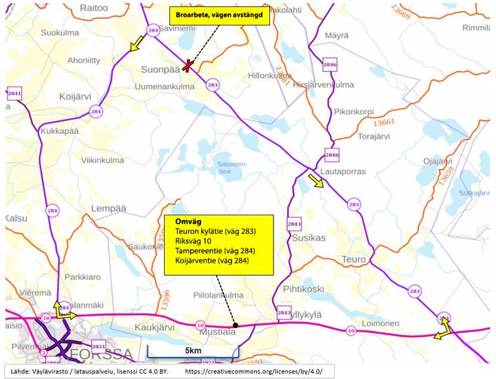 Karta som visar en avstängd väg på grund av broarbete och föreslagen omväg via Teuron Kylätie, Riksväg 10, Tamperentie och Kojärventie.