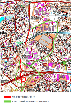 Kartta Hiidenkallion tunnelin varareitistä. Suljetut tieosuudet merkitty punaisella ja kiertotieosuudet vihreällä.