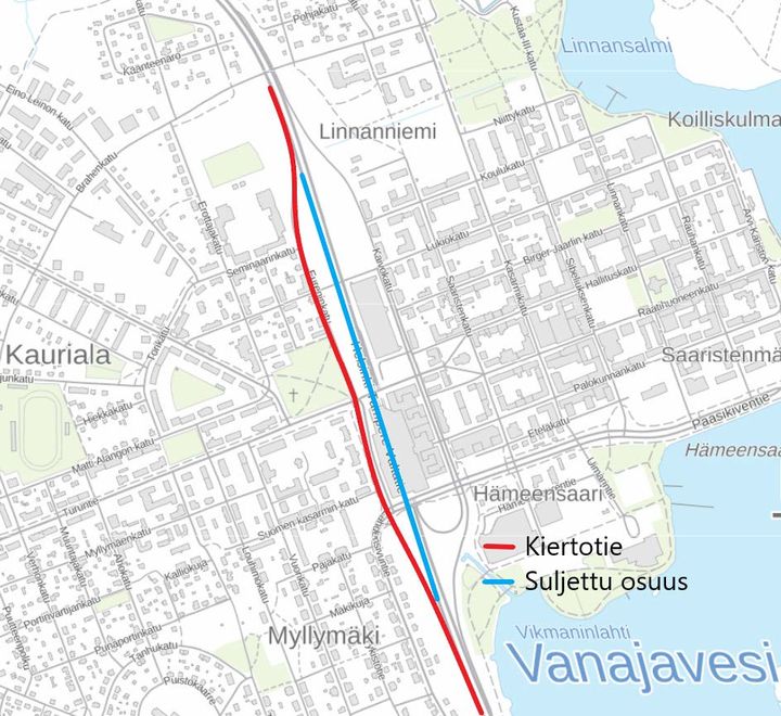 Trafiken dirigeras till tunnlarnas reservrutter medan underhållsarbetena pågår i tunneln. Trafikbegränsning: Körrutt söderut 13.–14.11.2025 kl. 22.00–05.00.