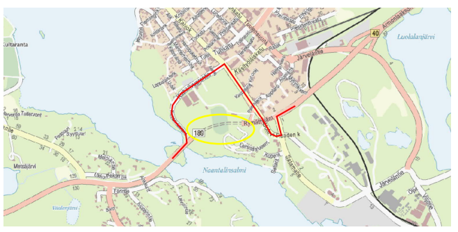 Kuparivuoren tietunnelin sijainti sekä tunnelin varareitti tunnelin sulkutilanteissa.