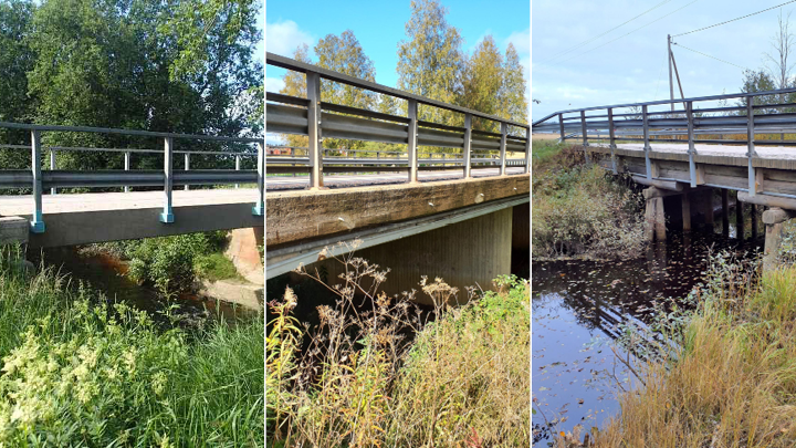 Vasemmalla Lauhalan silta ja keskellä Leppihalmeen silta Kankaanpäässä. Oikealla Säkkijoen silta Karvialla.