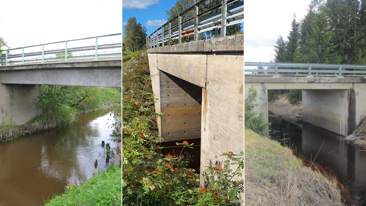 Vasemmalla Pyölän silta Huittisissa, keskellä Sonnilanjoen silta Kokemäellä ja oikealla Myrrän silta Porissa.