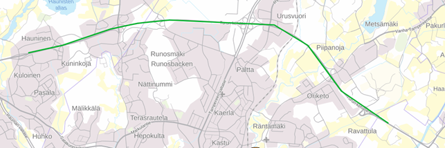 Karttakuva, jossa on vihreällä viivalla merkitty kaiteiden uusimisen sijoittuminen Haunisten ja Orikedon väliin Turun kehätiellä.