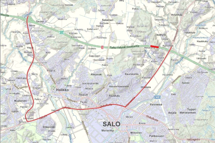 Varareitti maanteita 224, 110 ja 52 pitkin kartalla.