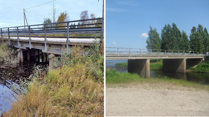 Vasemmalla Säkkijoen silta ennen rakennustöiden aloittamista, oikealla Meijerin silta.