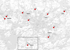 Uusien kävelyn ja pyöräliikenteen laskentapisteiden sijainnit Turun kaupunkiseudulla. Numerot viittaavat edellä esitetyn listan numerointiin.