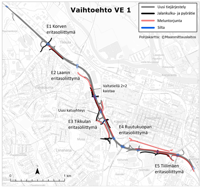 Jatkoon valitun vaihtoehdon VE 1 toimenpiteet kartalla.
