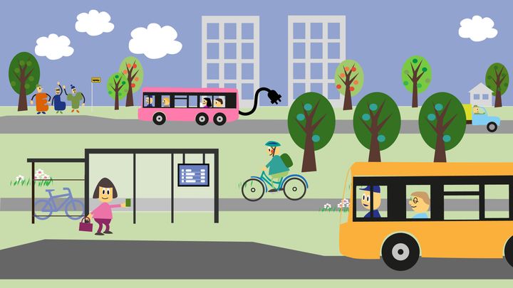 Piirroskuva, jossa ihmisiä matkustaa bussilla ja pyöräilee puistomaisemassa.